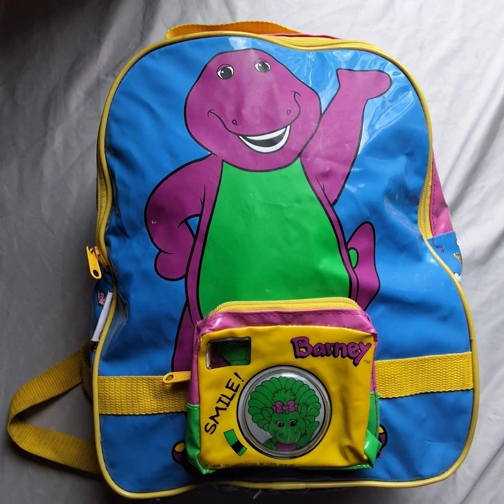 Vintage 1998 Barney the Dinosaur Kids Vinyl Backpack Blue Yellow 90s Retro
